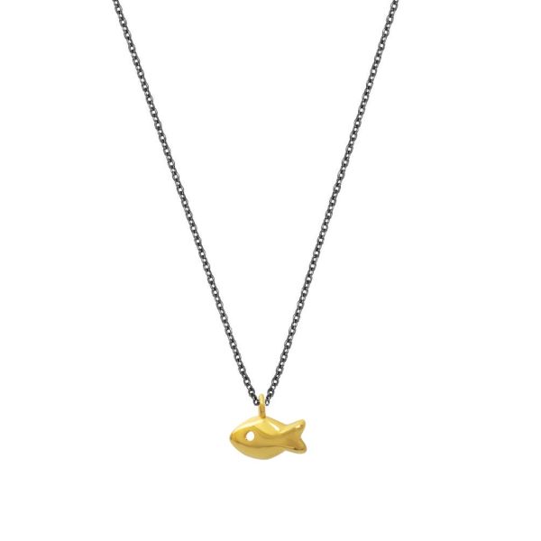 Die verspielte Halskette aus geschwärztem Silber mit sympathischem kleinem Fisch-Anhänger aus Gold wartet schon im Perlenmarkt OnlineShop auf Dich! Jetzt entdecken!