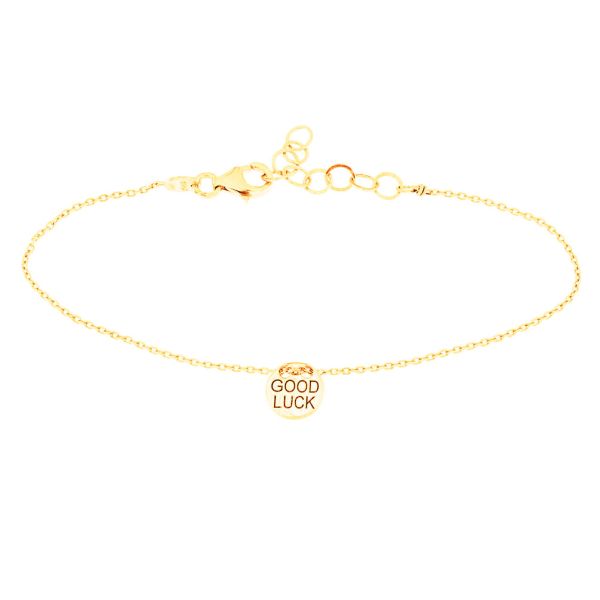 Goldiges kleines Glücksbringerarmband mit GOOD LUCK Gravur. Das Armband kann in Längen zwischen 15 cm bis 18 cm getragen werden. alisia Schmuck wird in Italien gefertigt: Jetzt versandkostenfrei im Perlenmarkt OnlineShop bestellen!