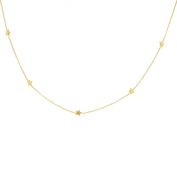 Bezaubernde, goldene Halskette mit fünf schönen kleinen Sternen. Die Kette kann in Längen zwischen ca. 38 cm bis 41 cm getragen werden. alisia Schmuck wird in Italien gefertigt: Jetzt versandkostenfrei im Perlenmarkt OnlineShop bestellen!