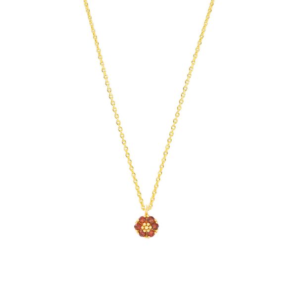 Die wunderschöne, goldene Halskette von Krinaki Jewelry mit hinreißender, dunkelroter Blüte aus funkelndem Granat wartet schon im Perlenmarkt OnlineShop auf Dich! Jetzt entdecken!