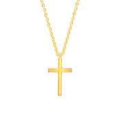 An der schlichten, goldenen Gliederkette hängt ein wunderschönes, großes Kreuz mit stilisierter geknüpfter, überkreuzter Verbindung am Schnittpunkt der Achsen. Handgefertigt aus 14 Karat Gold in Athen von Krinaki Jewelry!
